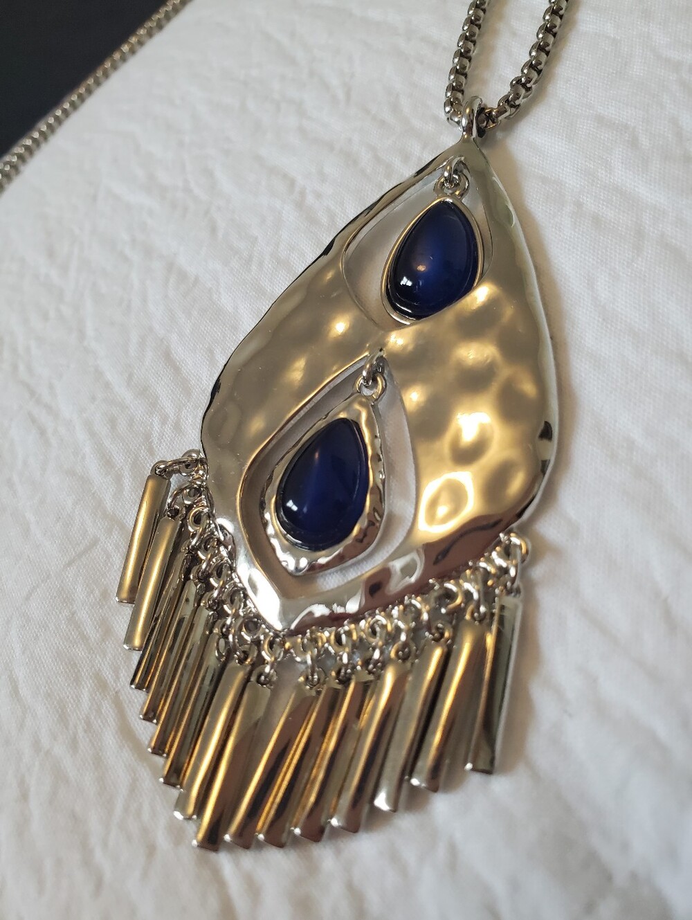 Longline Hammered Silver-Tone Pendant Necklace with Blue Teardrop Stones